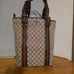 Gucci Beige GG Canvas Tote with Green and Red Web Stripe